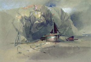 Un bateau de pêche et une petite barque tirés sur le rivage sous une falaise rocheuse, 19ème siècle